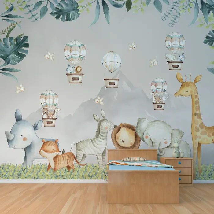 Painel Safari Aquarela com Animais em Balões
