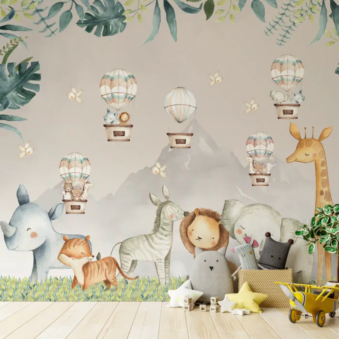 Painel Safari Aquarela com Animais em Balões
