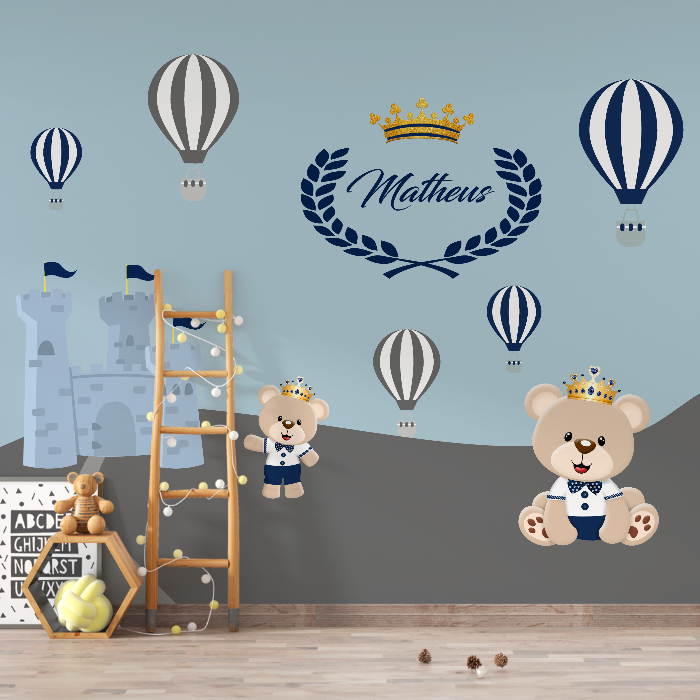 Papel de Parede Príncipe Urso com Balões e Castelo
