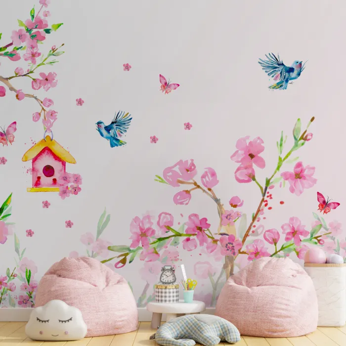 Papel de Parede Aquarela Floral com Pássaros e Borboletas