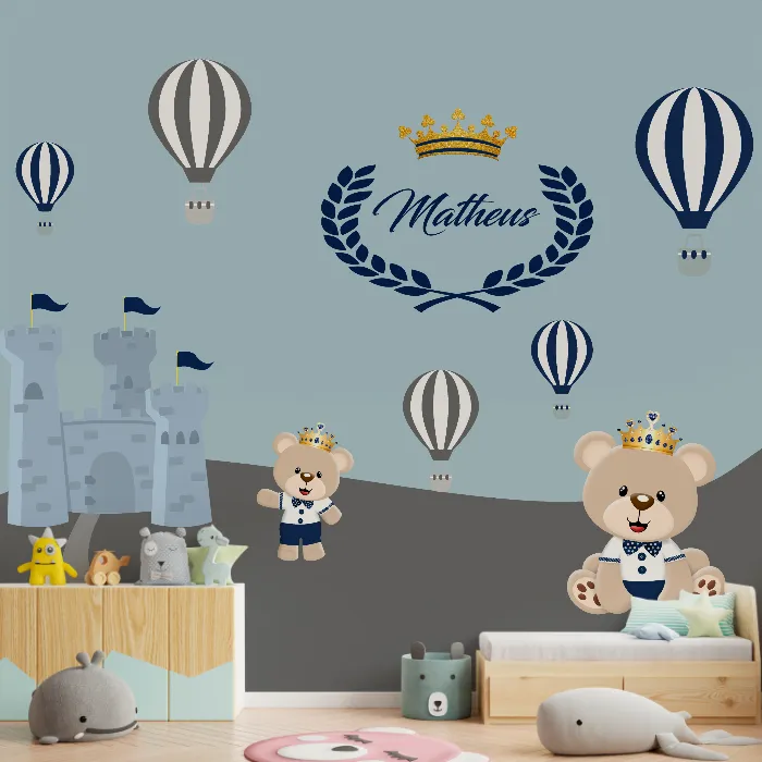 Papel de Parede Príncipe Urso com Balões e Castelo