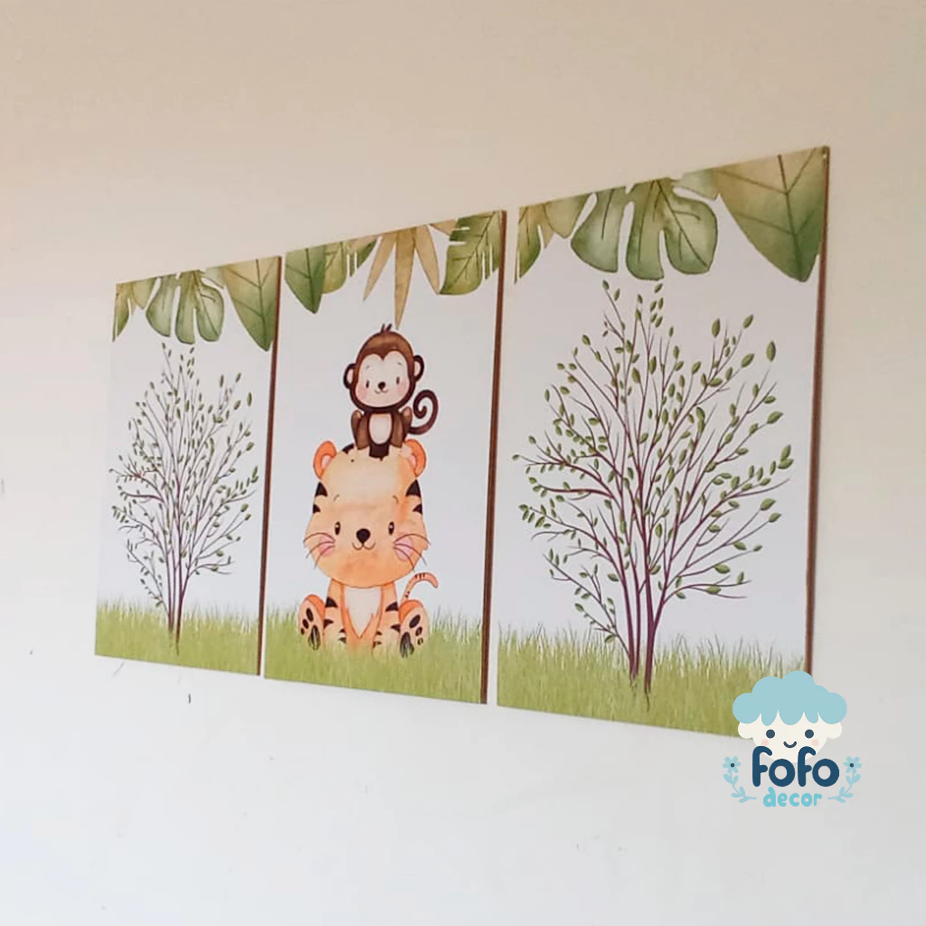 quadro mdf fofo papel de parede safari com tigre 3 unidades