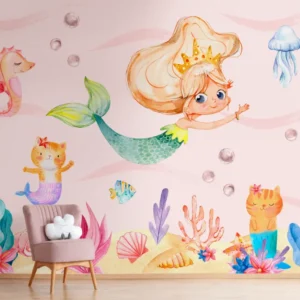 Painel Sereia com Gatinhos Sereia em Aquarela