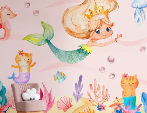 Painel Sereia com Gatinhos Sereia em Aquarela
