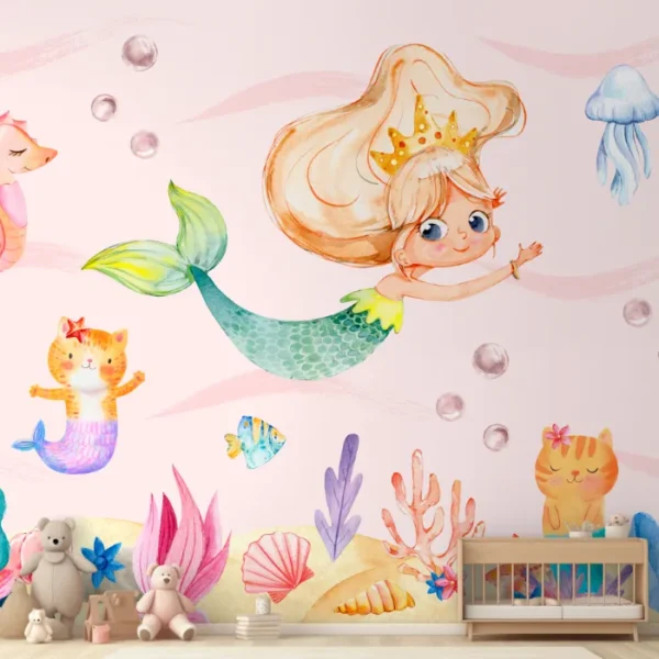 Painel Sereia com Gatinhos Sereia em Aquarela