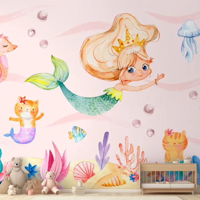 Painel Sereia com Gatinhos Sereia em Aquarela