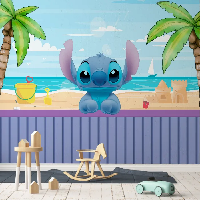 Papel de Parede Infantil Stitch Praia Divertida Aquarela