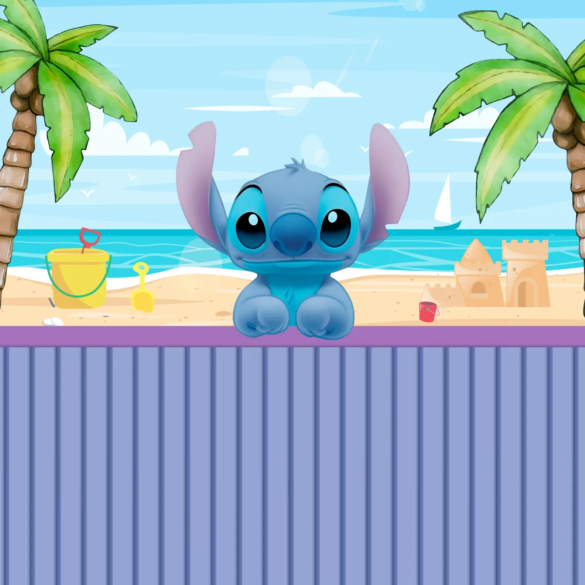Papel de Parede Infantil Stitch Praia Divertida Aquarela