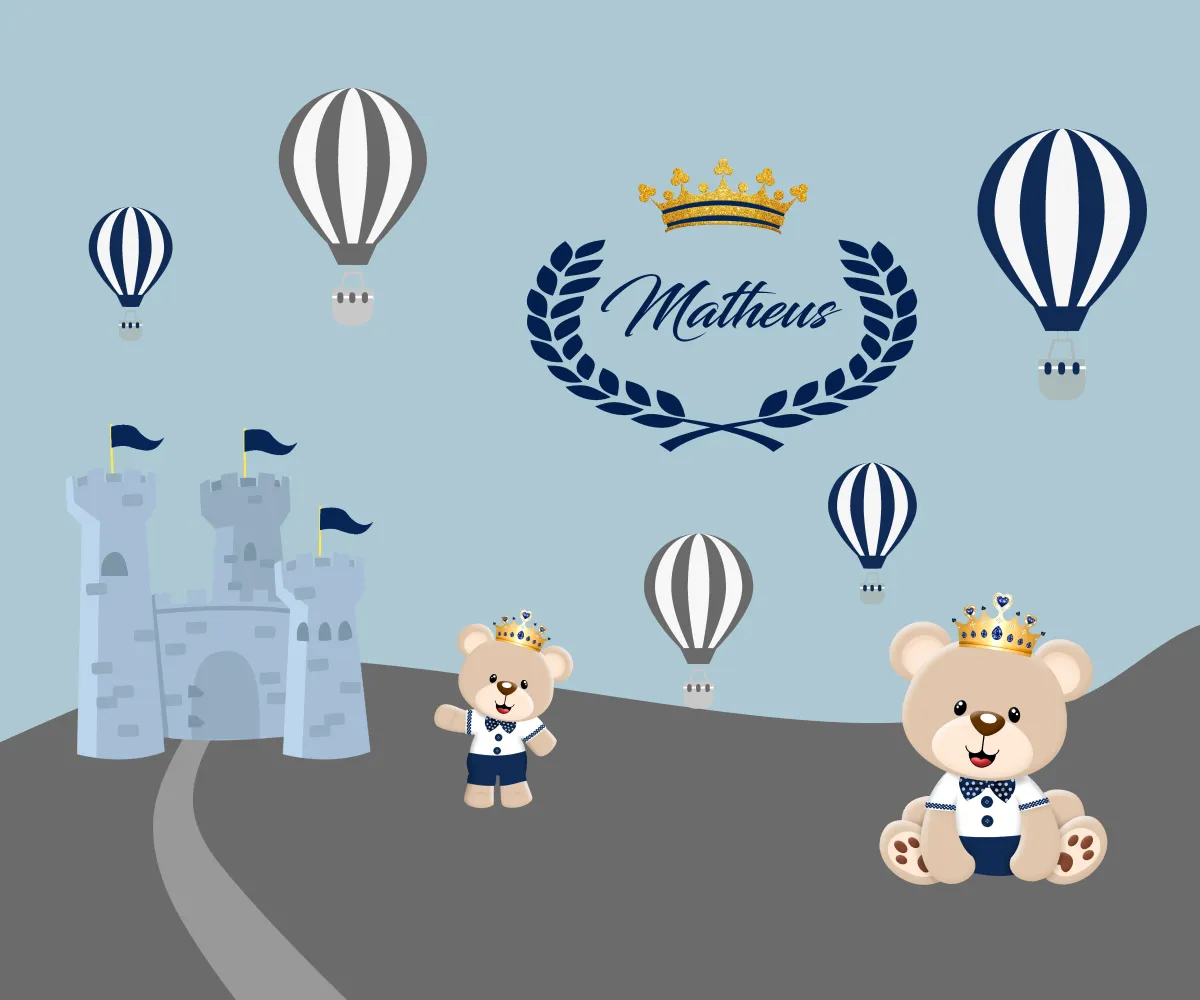 Papel de Parede Príncipe Urso com Balões e Castelo